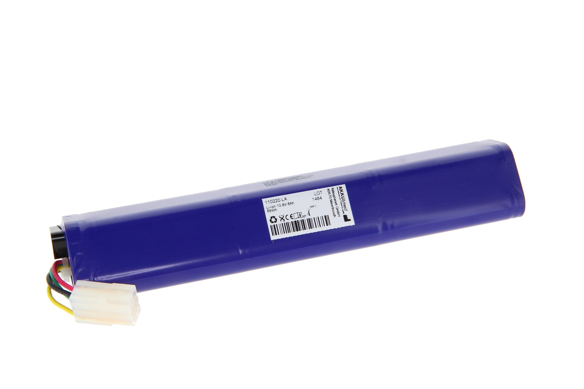 Dark blue, rectangular AKKUmed lithium-ion battery. White label on top with technical specifications and a barcode. White connector at one end with coloured cables. For the Physio Control Lifepak LP20e defibrillator.