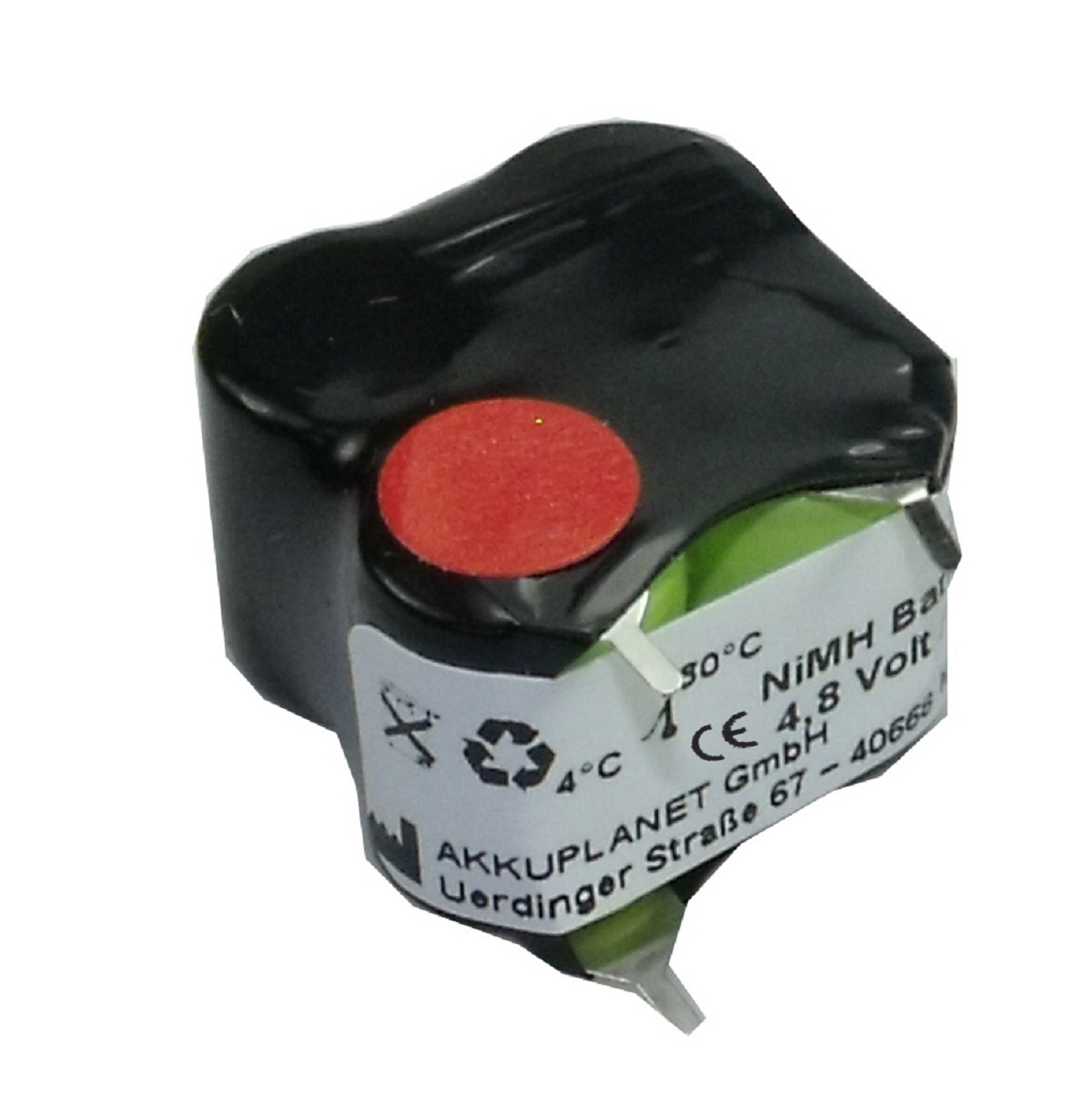 Compact, black-cased NiMH battery with a red circular mark on top. White label: ‘4.8 volts’, ‘NiMH’, recycling and temperature symbols. Green cells visible on the side. Backup battery for the Ivac 770 syringe pump.