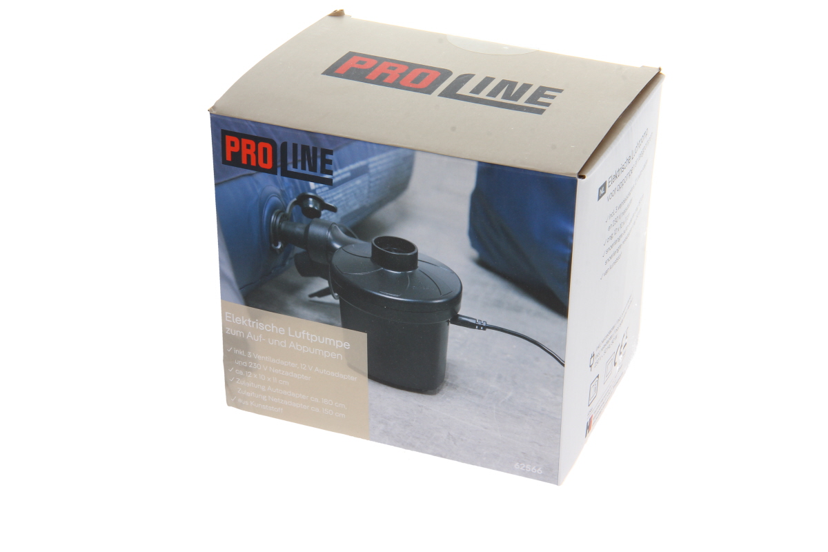 Beige Produktverpackung der PROLINE elektrischen Luftpumpe. Großes Bild zeigt die schwarze, kompakte Pumpe mit Stromkabel beim Befüllen eines blauen, aufblasbaren Objekts. Erwähnt Auf- und Abpumpfunktion sowie Autoadapter.