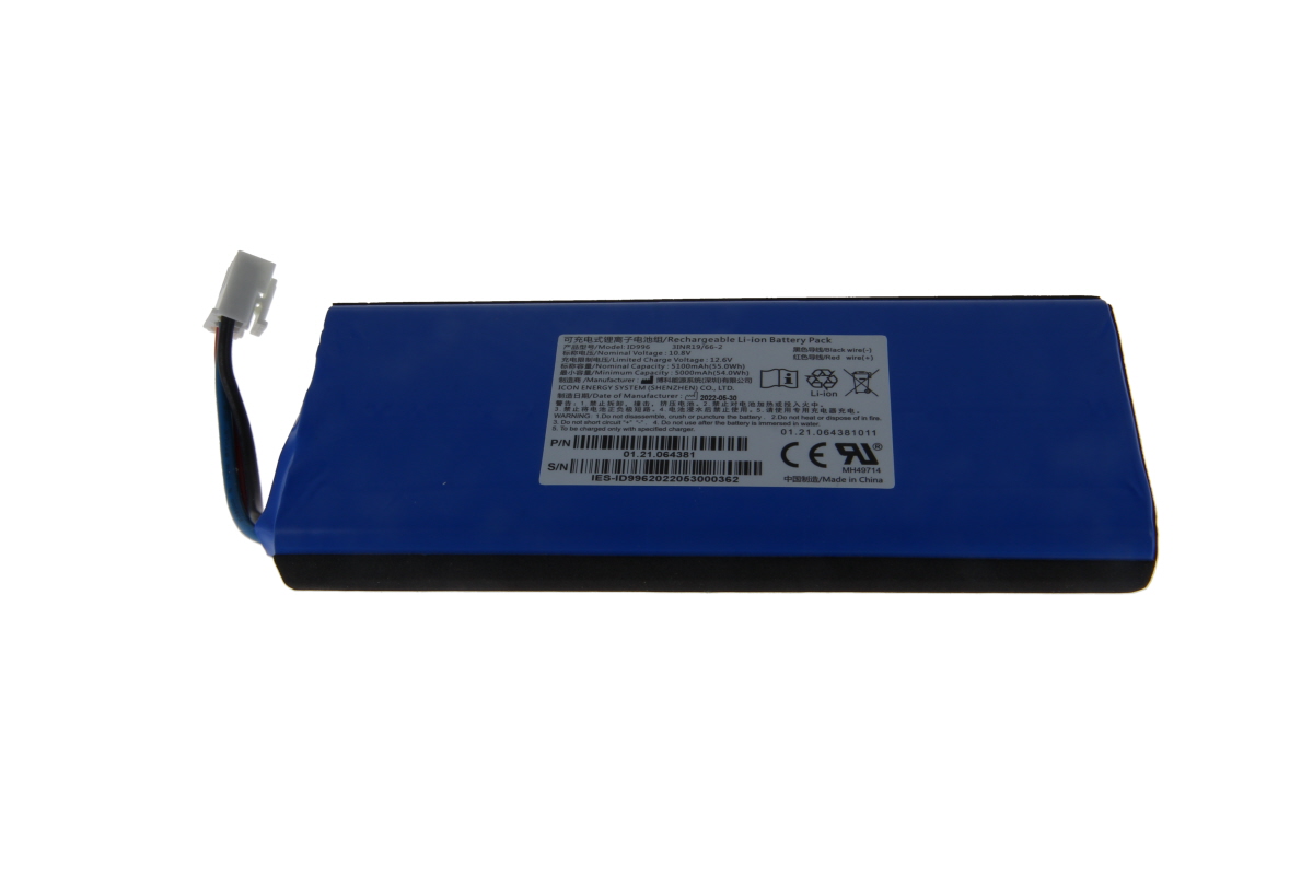 Blue lithium-ion battery with a black underside and a white plug at one end. The white label on the top displays technical specifications such as model ID996, 10.8V, 5100mAh, manufacture date 30 June 2022, barcodes and CE certification.