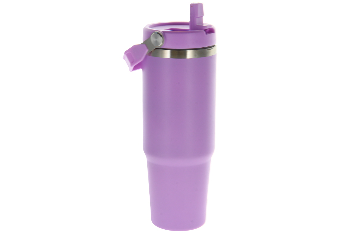 Cylindrical, matt purple thermos mug with a flip-up straw spout in the lid. A purple carrying handle with a silver hinge on the rim. Slightly tapered towards the base, made from stainless steel and plastic, suitable for cold or hot drinks.