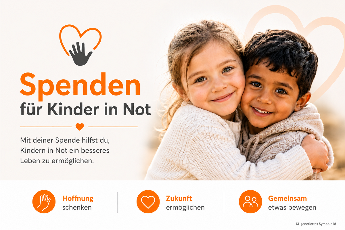 Two happily smiling children, a girl and a boy, embrace each other warmly. They radiate warmth and hope against a soft background. The message calls for donations to give children in need a future.