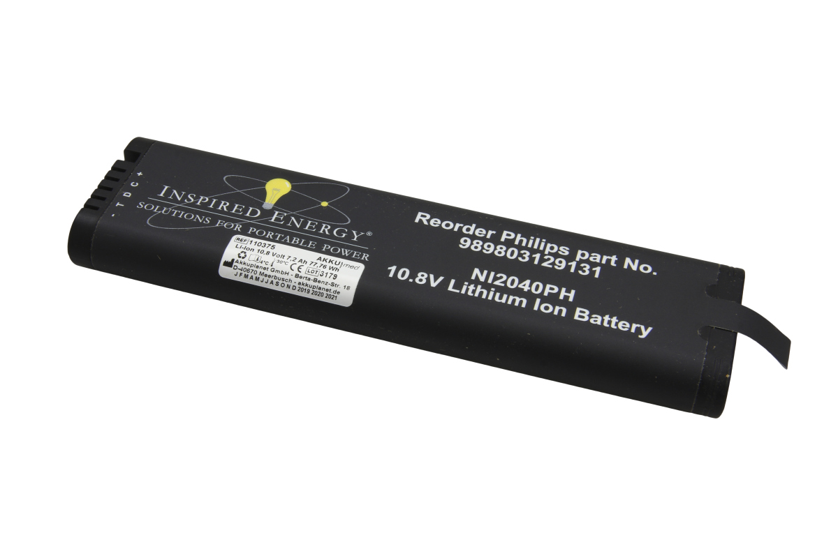Black, rectangular Li-ion battery ( AKKUMED ) for Philips OptiGo ultrasound devices. Marked: ‘10.8V Lithium Ion Battery’, ‘NI2040PH’, Philips – Order no. 989803129131. Replacement battery for portable medical devices, 7.2 Ah.