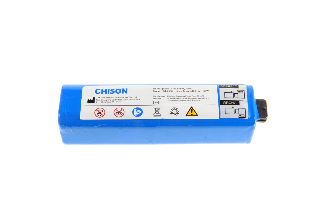 A blue cylindrical CHISON Li-ion battery (model BT-2500, 14.4V 4400mAh, 65Wh) with white lettering displaying manufacturer information and safety symbols such as disposal instructions and warnings. A black connector is visible on the right-hand side.