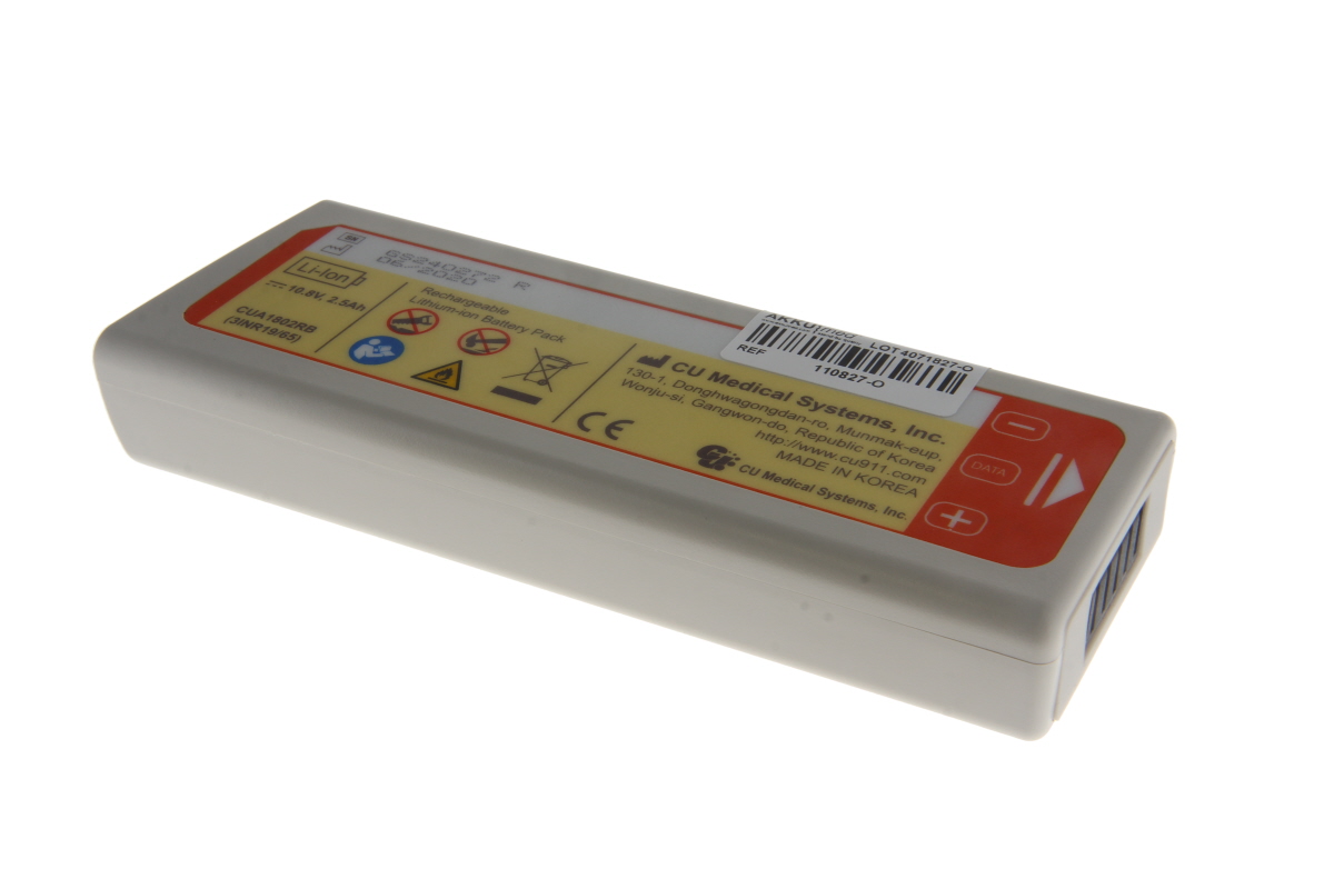 Graues, rechteckiges Lithium-Ionen Akku-Pack. Das Etikett zeigt 'Li-ion', 'Rechargeable Lithium-ion Battery Pack', 10.8V, 2.5Ah, Modell CUA1802RB und CU Medical Systems. Warnsymbole und rote Anschlussmarkierungen sind an einem Ende des Akkus sichtbar.