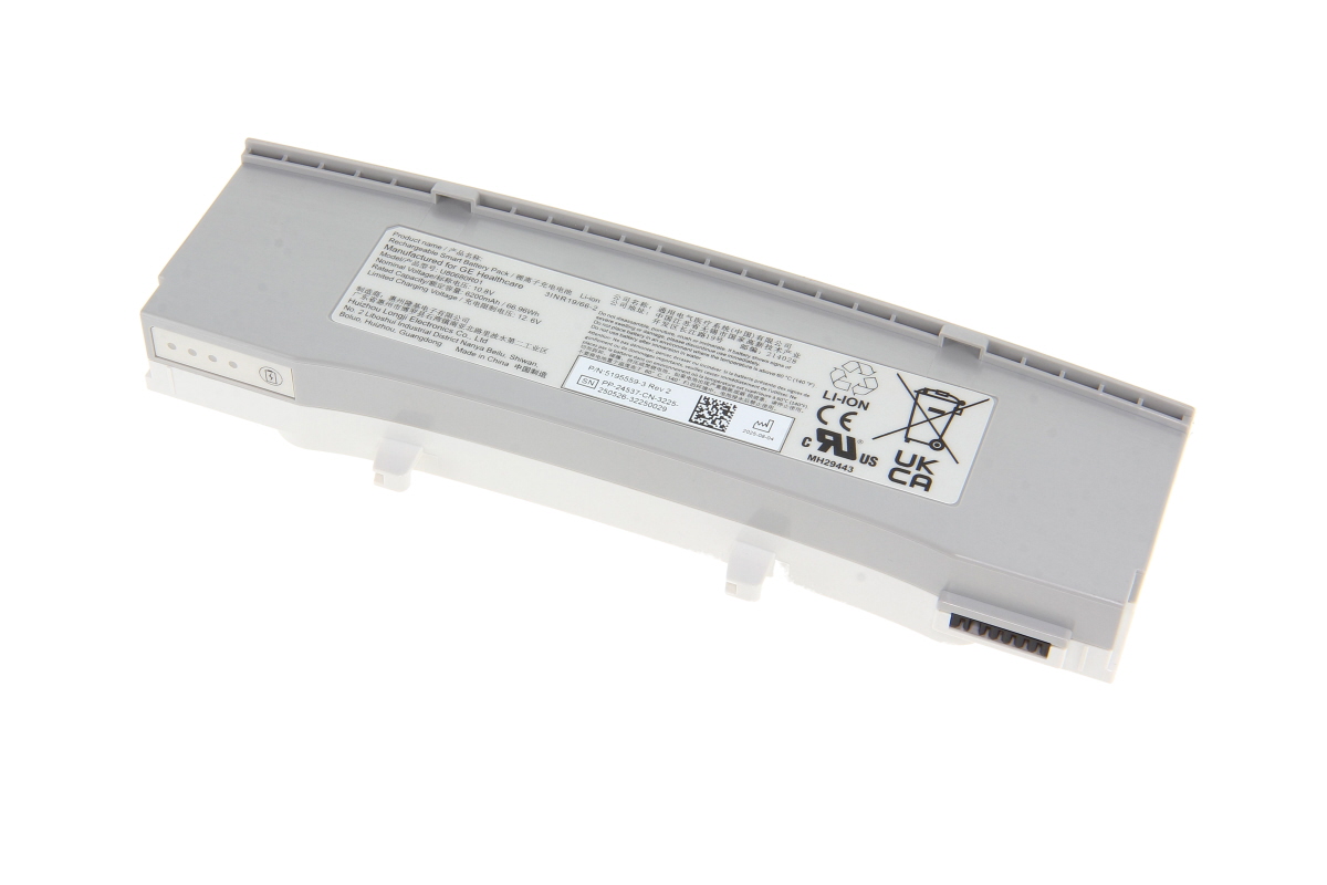 GE Healthcare’s grey Li-ION battery for the Venue 50 ultrasound scanner, with detailed label and connectors. Front panel shows charge indicators and specs: 10.8V, 6.2Ah, 66.96Wh, plus manufacturer info.