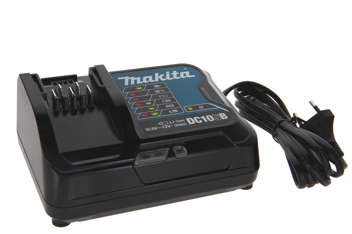 Black Makita DC10SB charger for 10.8–12V Li-ion batteries, side-mounted, empty battery compartment with metal contacts. Blue display with Makita logo and symbols for charge level, temperature and fan. Power cable with plug.