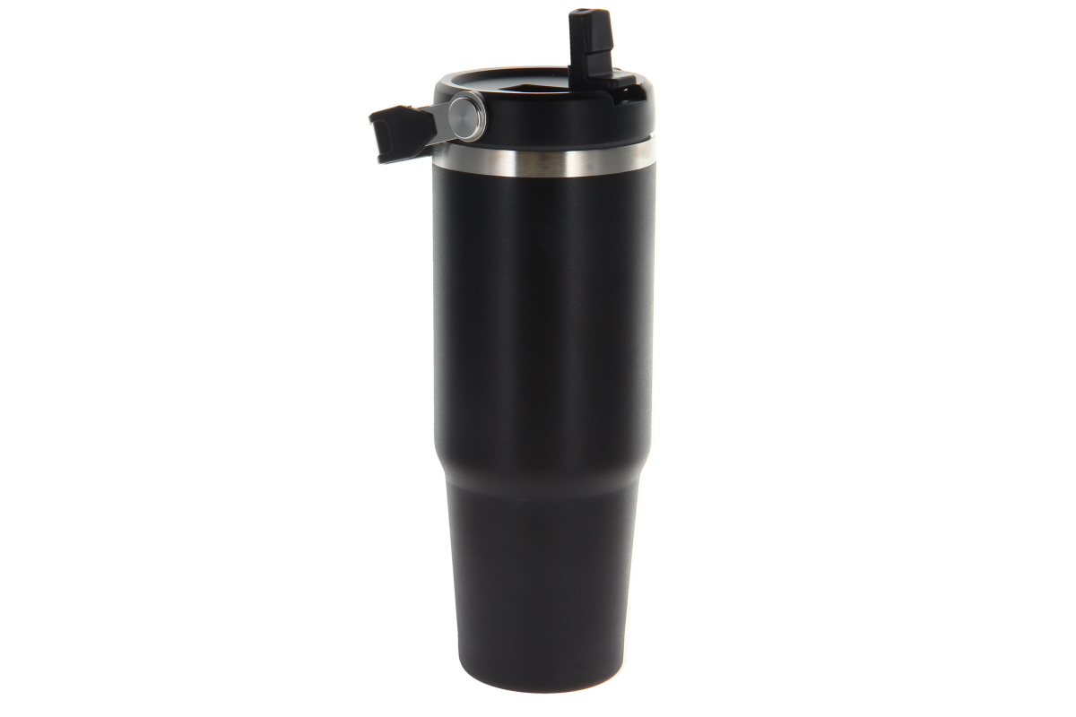 Black thermos mug (800 ml) for hot and cold drinks, with a silver rim beneath the lid and a black carrying handle. Lid with a flip-top drinking spout. Shown against a white background.