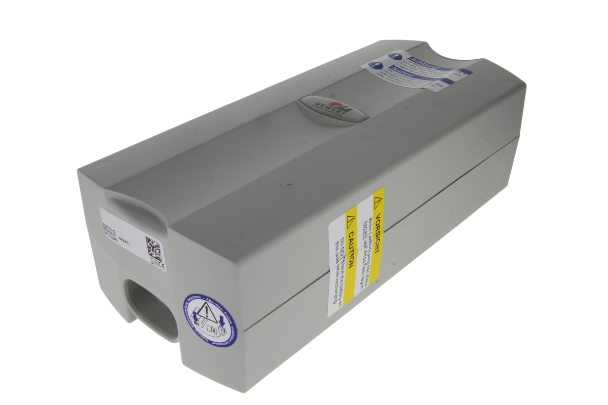 Grey, rectangular ‘ Dewert ’ lead-acid battery with visible warning and information labels. The ‘ Dewert ’ logo is displayed on the top. White lettering on the side shows specifications such as ‘24V 4.5Ah’, suitable for chair applications.