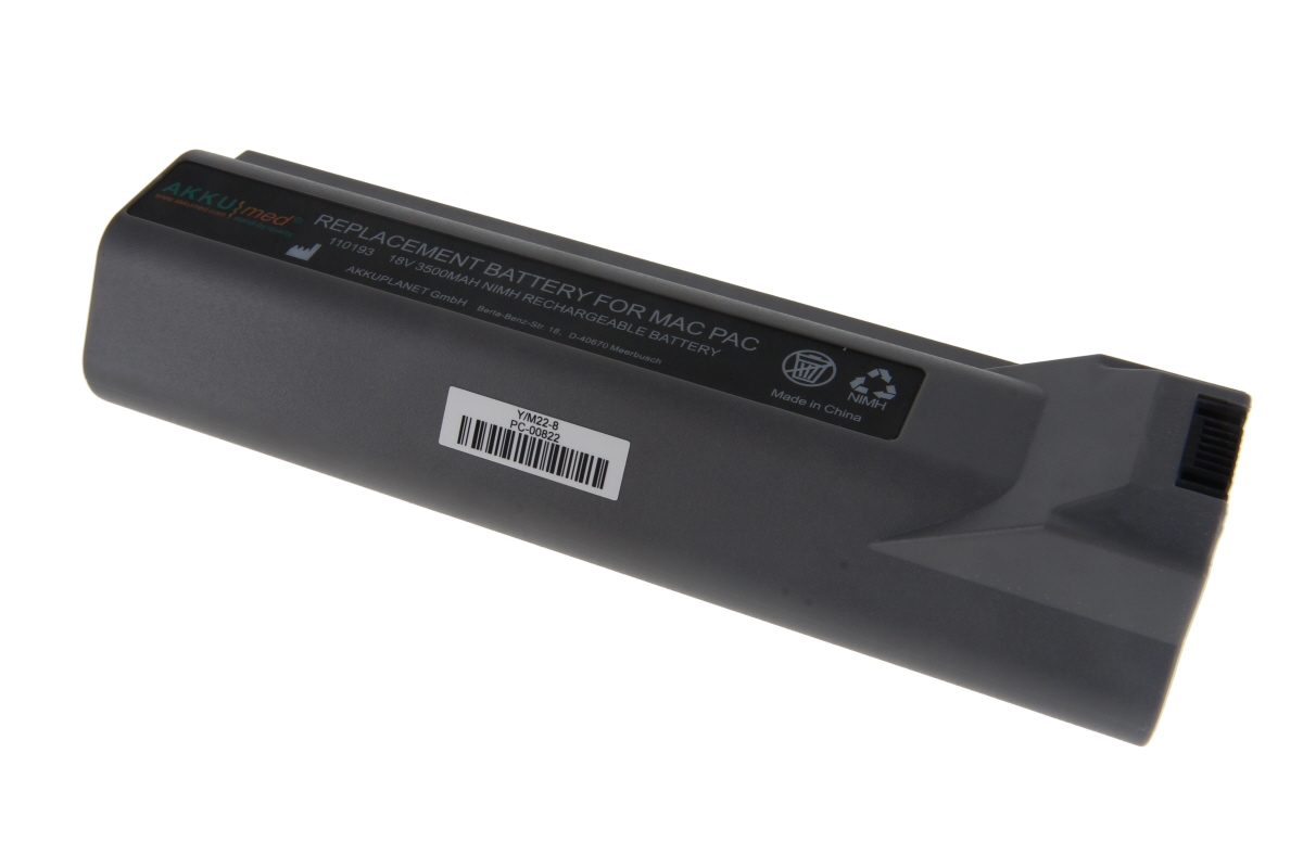 An oblong, dark grey NiMH battery from AKKUMed, specifically designed as a replacement battery for GE Hellige Marquette MAC3500, MAC5000ST and MAC5500 devices. The label reads “18V 3500MAH NIMH RECHARGEABLE BATTERY” and includes manufacturer details.