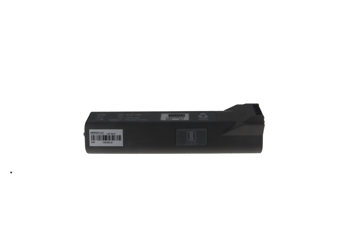 Dark grey, rectangular NiMH battery for medical devices. Markings: GE MAC PAC, P/N 900770-001, 18V 3500mAh, NiMH symbol, barcode, AKKU|med 110193-O, recycling and BIS symbols. Rounded edges.
