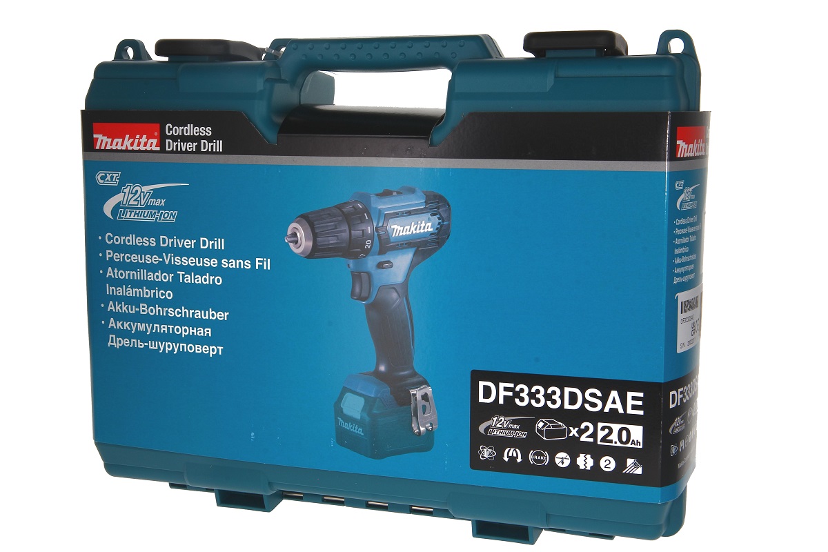 Makita Includes a teal-blue carrying case with a label for the Makita DF333DSAE cordless drill/driver (blue/black). Print: Product name, 12Vmax LITHIUM-ION, incl. 2 x 2.0Ah batteries. Black carrying handle, complete set.