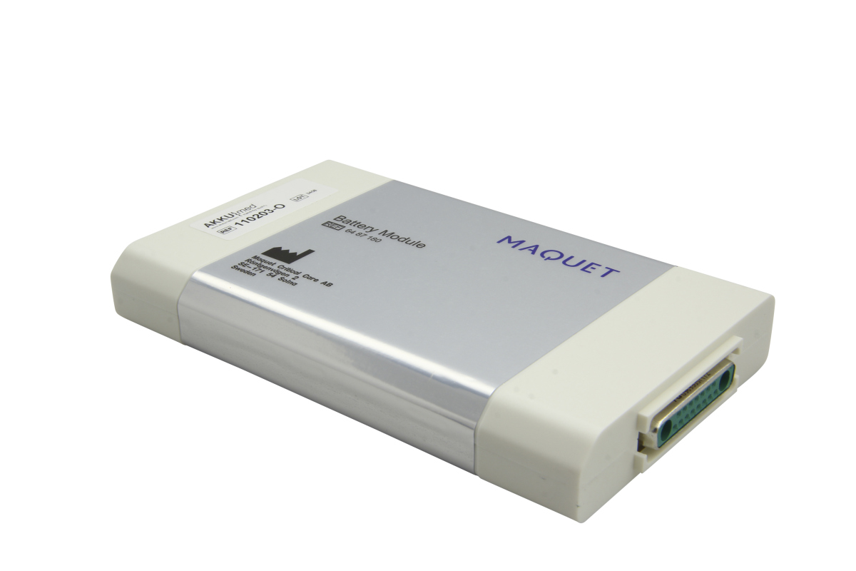 Hellbeiges/silbernes Akku-Modul, Aufdruck "Battery Module" und "MAQUET" oben. Artikel-Nr. 6487180 sichtbar. Rechts grüner D-Sub-Stecker. NiMH Akku für Siemens/Maquet Monitor Servo-i/Servo-s.