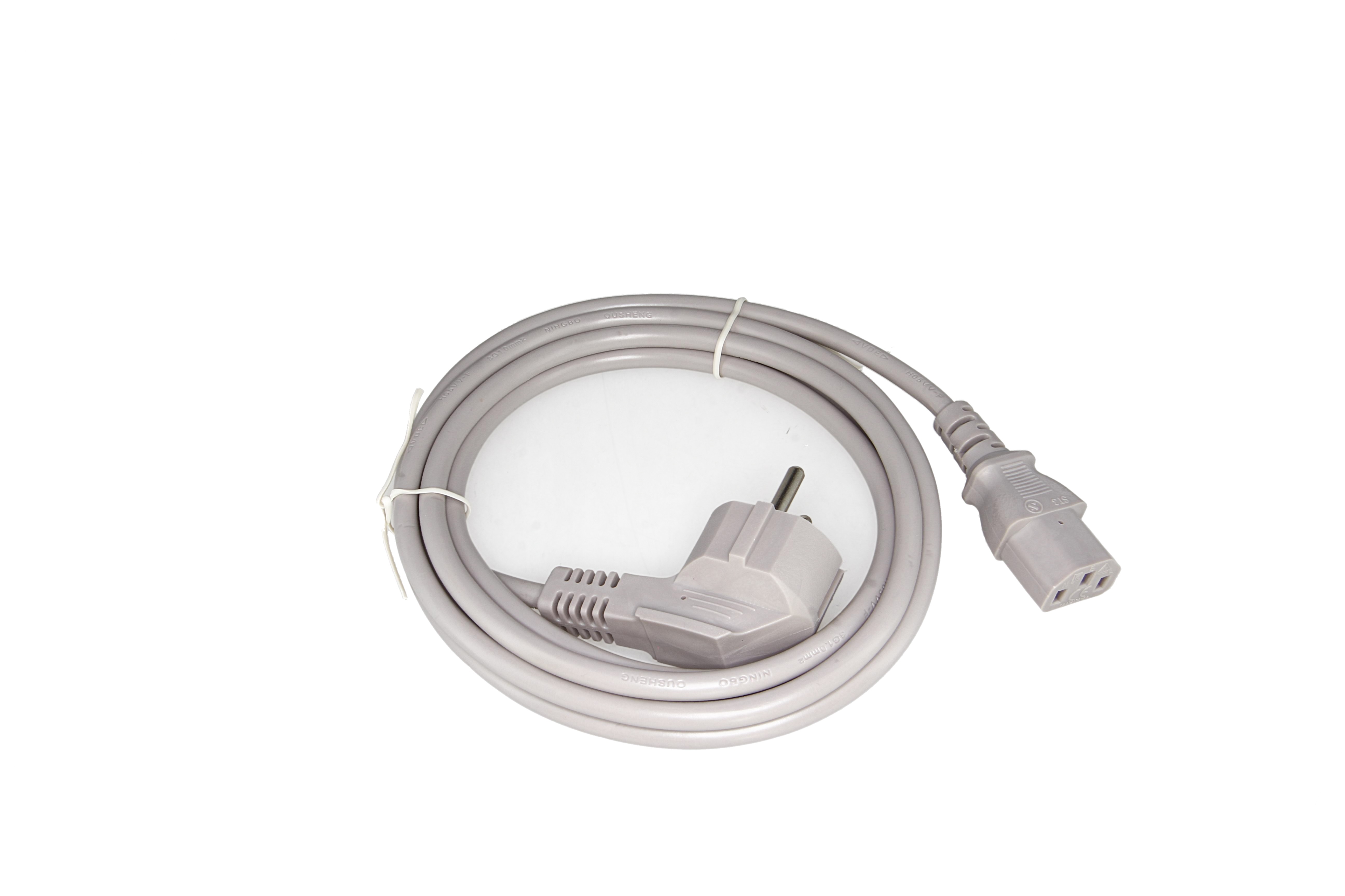 A grey mains cable, neatly coiled and secured with a white cable tie. It has a Schuko plug at one end and an IEC C13 socket at the other, suitable for a Schiller power supply unit for the CS-2 charger.