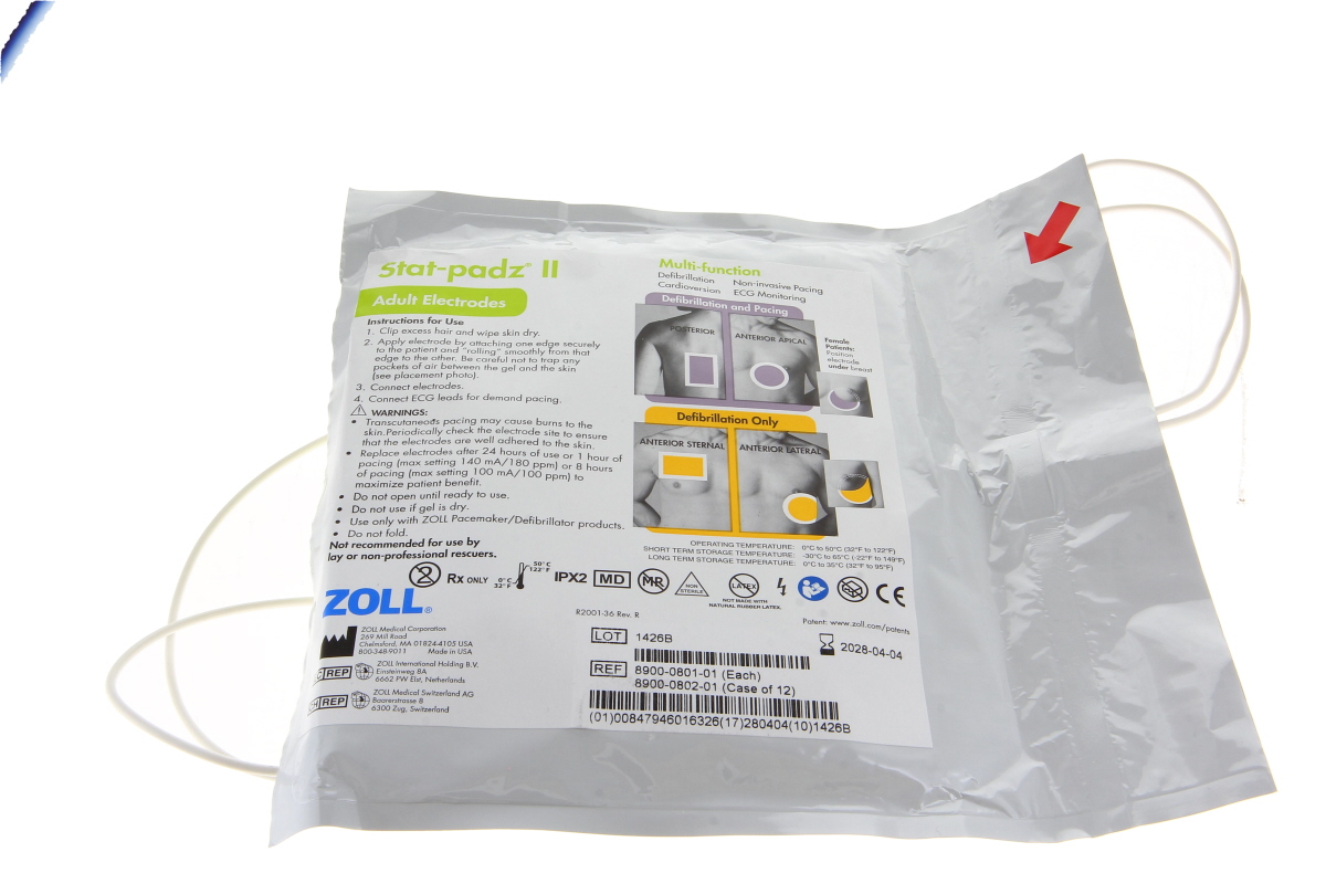 Original Zoll Stat-Padz II Defibrillator-Elektroden für Erwachsene, versiegelt. Packung mit Anweisungen zur Pad-Platzierung für Defibrillation/Pacing, Produktnr. 8900-0801-01, Verfallsdatum 2028-04-04. Weiße Kabel sichtbar.