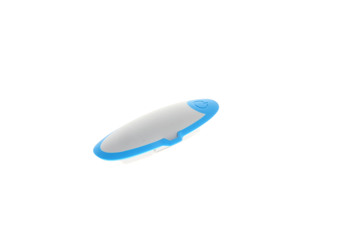 A compact, oval-shaped McGrath Li-ion battery, predominantly white, with a light blue border along the long sides and a completely blue end featuring a white power symbol. It is designed as a power source for MAC video laryngoscopes.