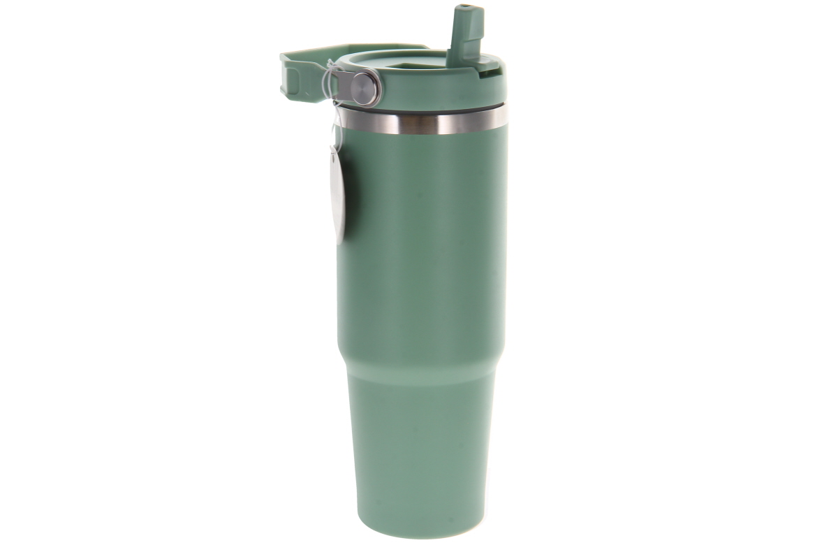 May-green insulated mug (approx. 800 ml) made from stainless steel, plastic and silicone. Features a practical carrying handle and a fold-up straw in the lid. Ideal for keeping cold and hot drinks at the right temperature.