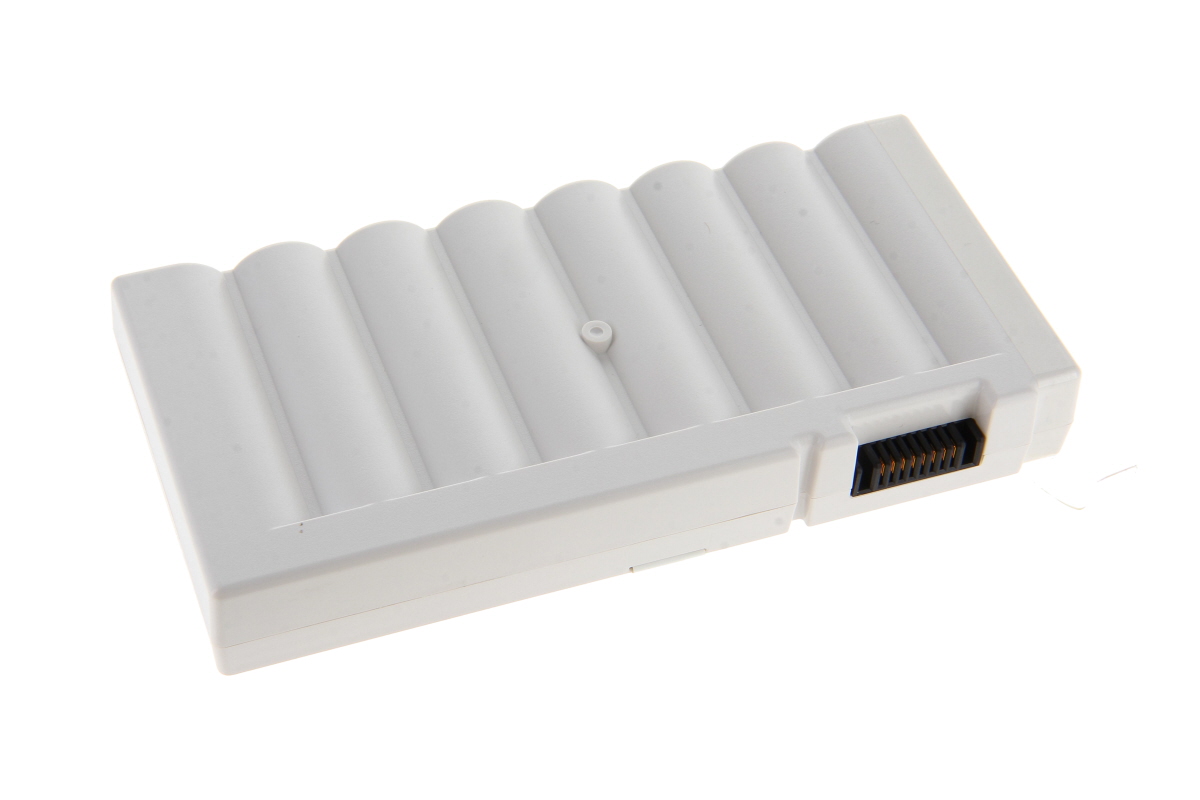 A white, rectangular lithium-ion battery for the Mindray SV300/SV300 Pro ventilator, with a textured surface reminiscent of seven individual cells. On the right-hand side is a black connector with several gold-coloured contacts.
