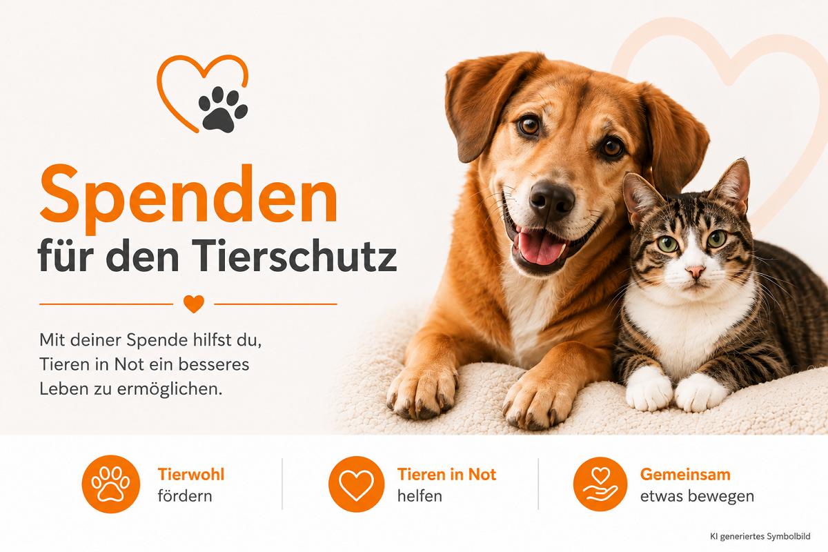 A friendly, brown dog with its tongue hanging out lies smiling next to a tabby cat with green eyes, which is looking at the camera. Both are resting on a light-coloured, fluffy blanket. Next to them: ‘Donate to animal welfare’.