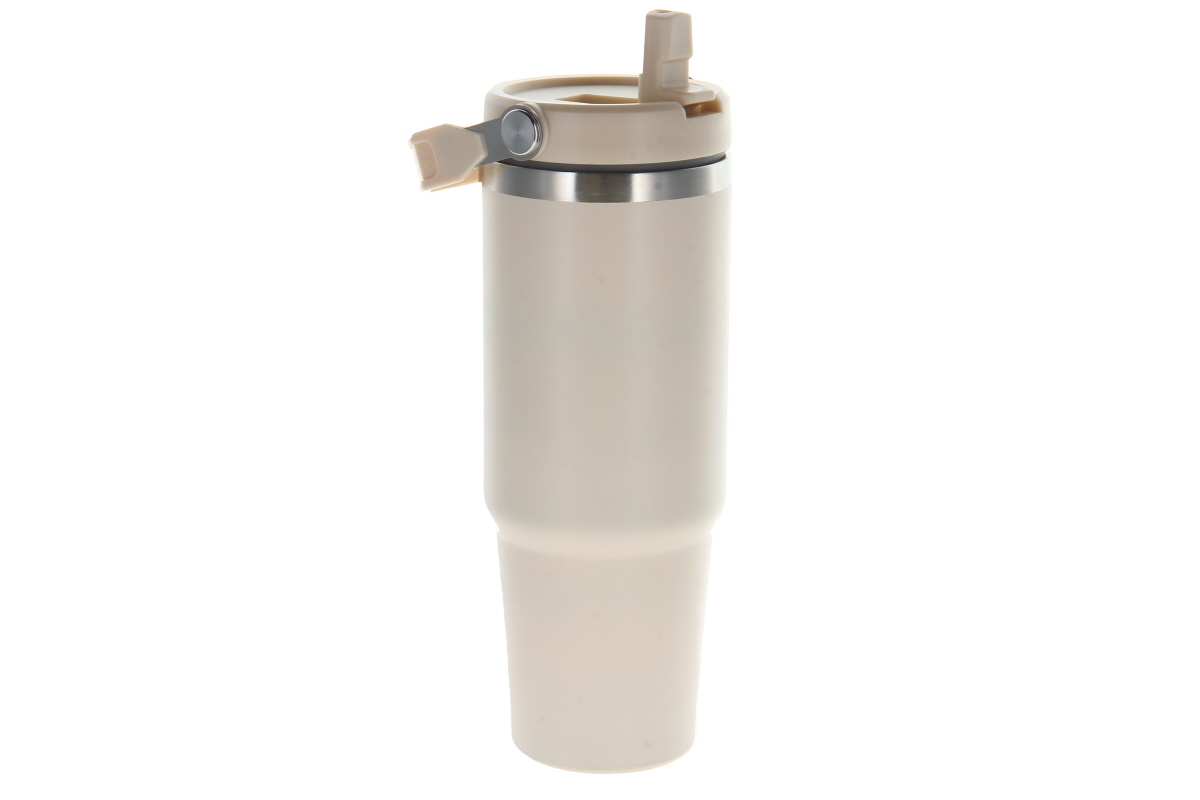 Tall, cream-coloured thermal mug (approx. 800 ml). A slimline stainless steel mug with a silver decorative ring and a cream-coloured lid featuring a fold-away drinking straw and a side carry handle, ideal for both hot and cold drinks.