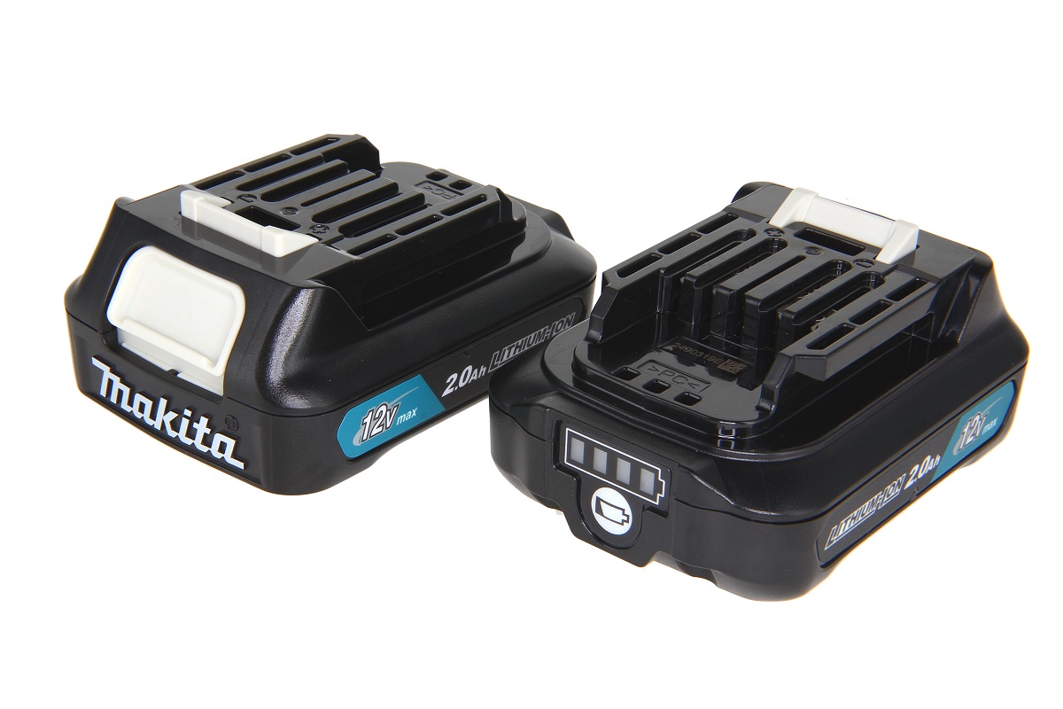 Two Makita 12V Max 2.0Ah Li-ion batteries on a white background, angled side by side. Visible release tabs, contact ribs, Makita logo, and a 4-bar charge indicator.
