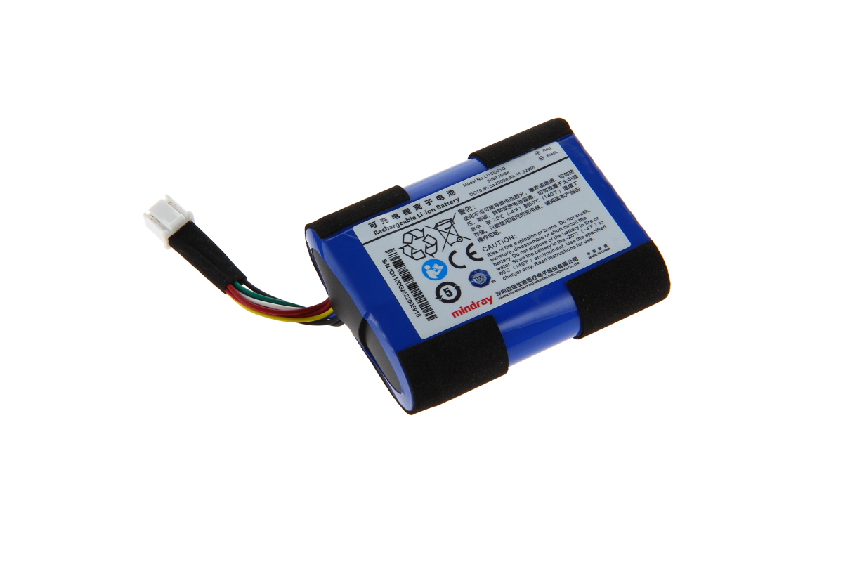 A blue, rechargeable lithium-ion battery with black foam padding. A white plug with red, green, yellow and black cables protrudes from it. Label: Mindray, model LI13001Q.