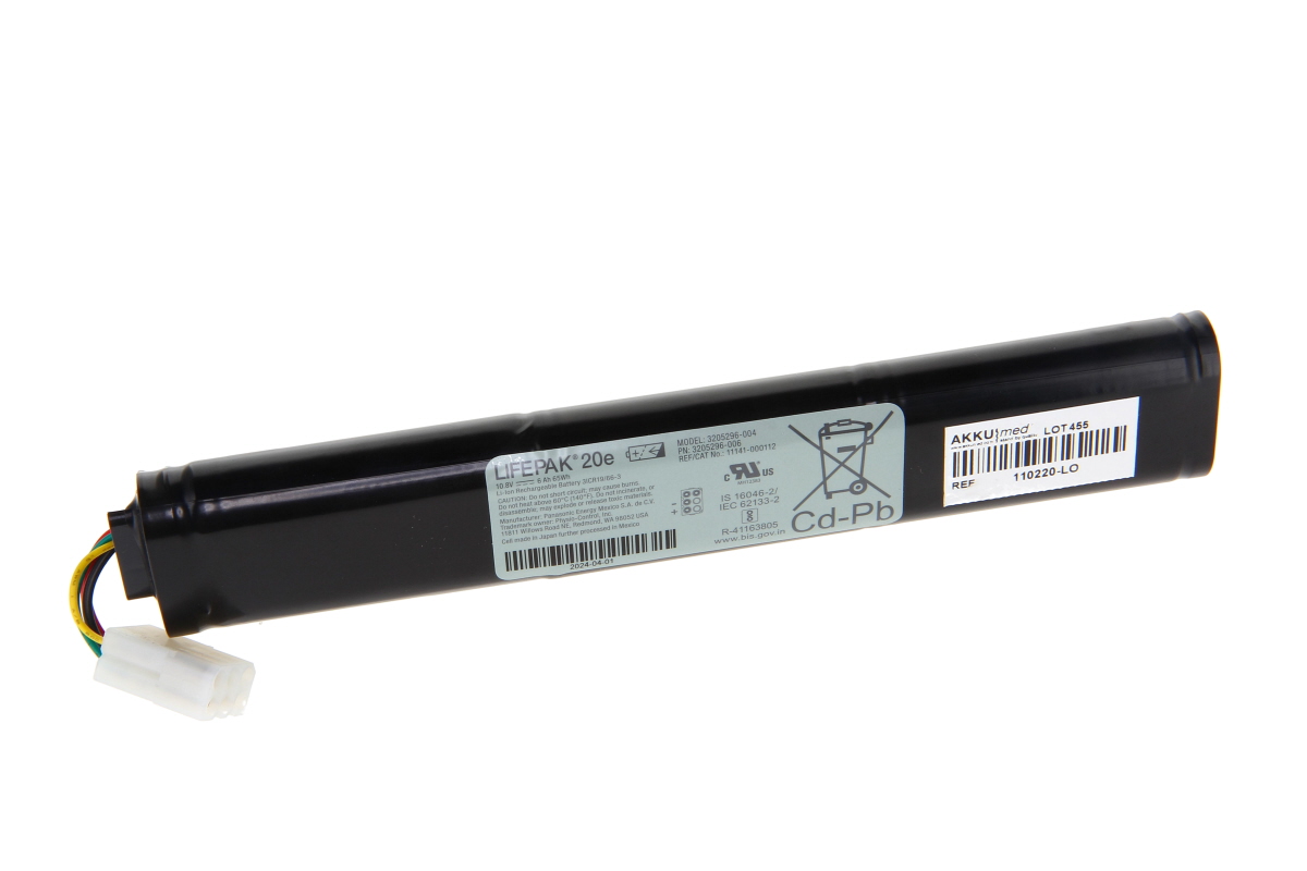 Black, cylindrical lithium-ion defibrillator battery labelled ‘LIFEPAK 20e’ with specs (10.8V, 6Ah, 65Wh). White label with warning symbols, barcodes and maker details. Left: white connector with yellow, green and red cables.