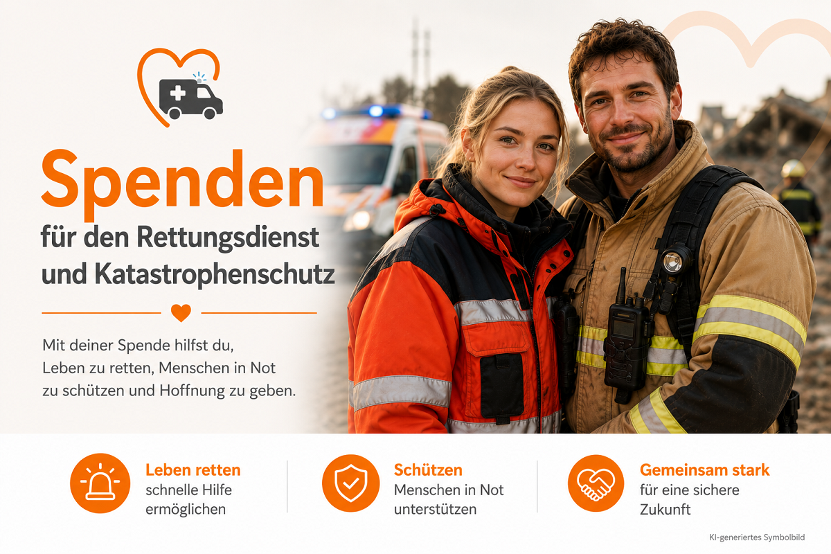 A smiling paramedic in an orange and black operational jacket stands next to a smiling firefighter in a beige uniform, holding a radio. In the blurred background, an ambulance with its blue lights flashing and some rubble can be seen.